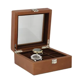 Cognac Brown Genuine Leather 4 Watch   4 Pair Cufflink Collectors Box Velvet Brown Lining by Aevitas