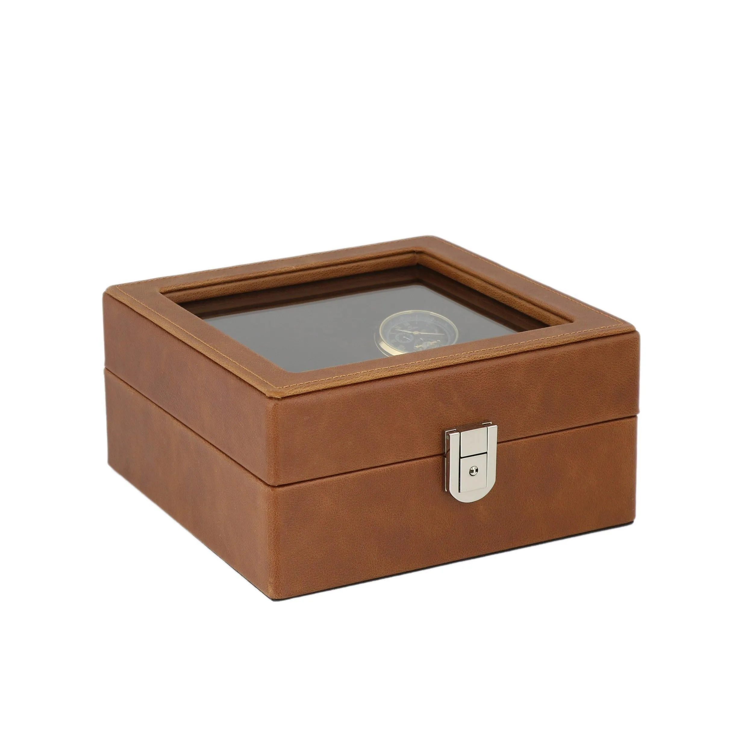 Cognac Brown Genuine Leather 4 Watch   4 Pair Cufflink Collectors Box Velvet Brown Lining by Aevitas