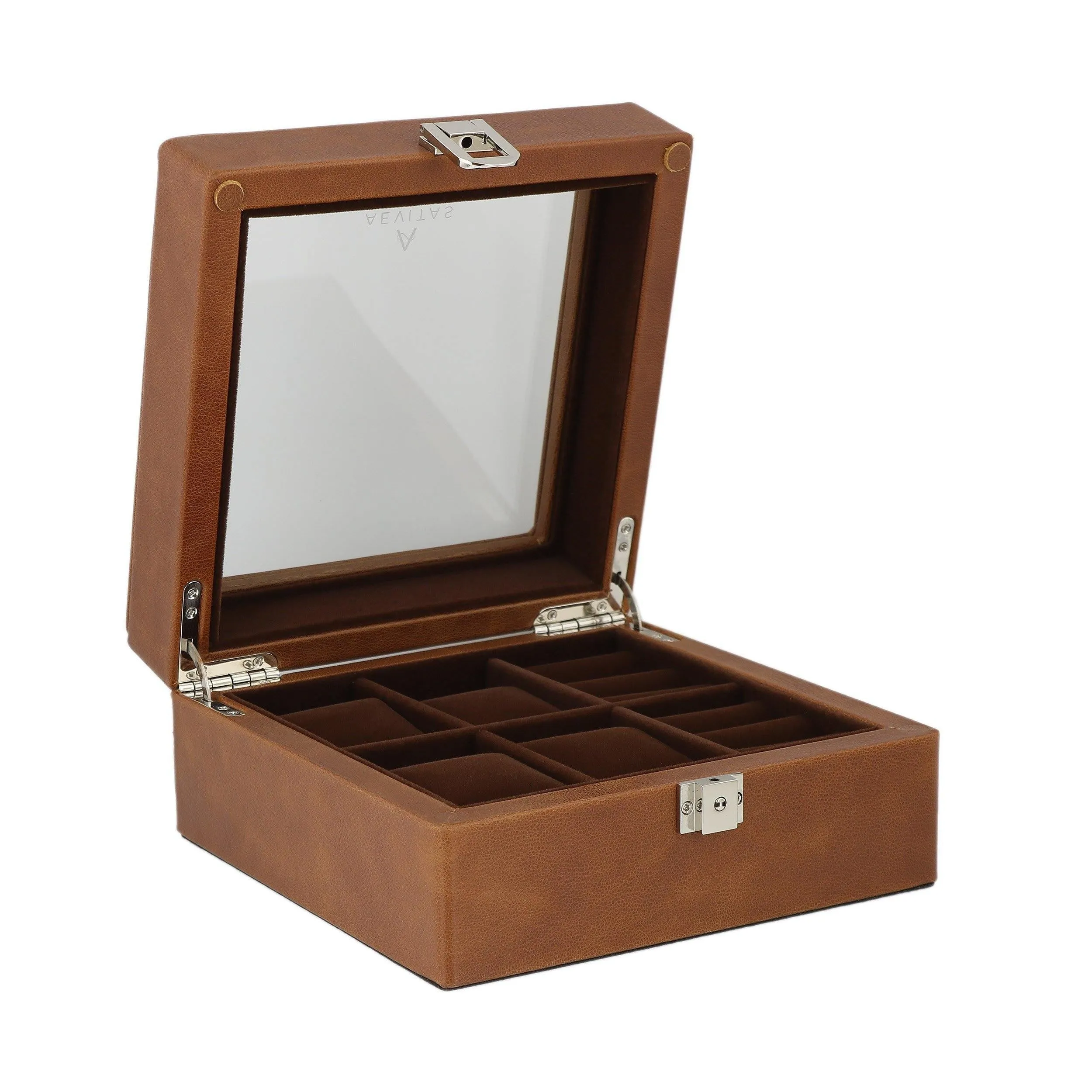 Cognac Brown Genuine Leather 4 Watch   4 Pair Cufflink Collectors Box Velvet Brown Lining by Aevitas