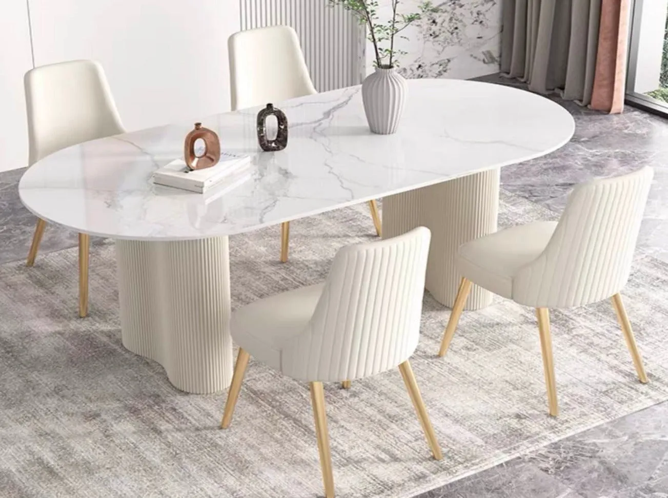 Cosmie Oval White Ceramic Top Dining Table/Ivory White Timber Legs