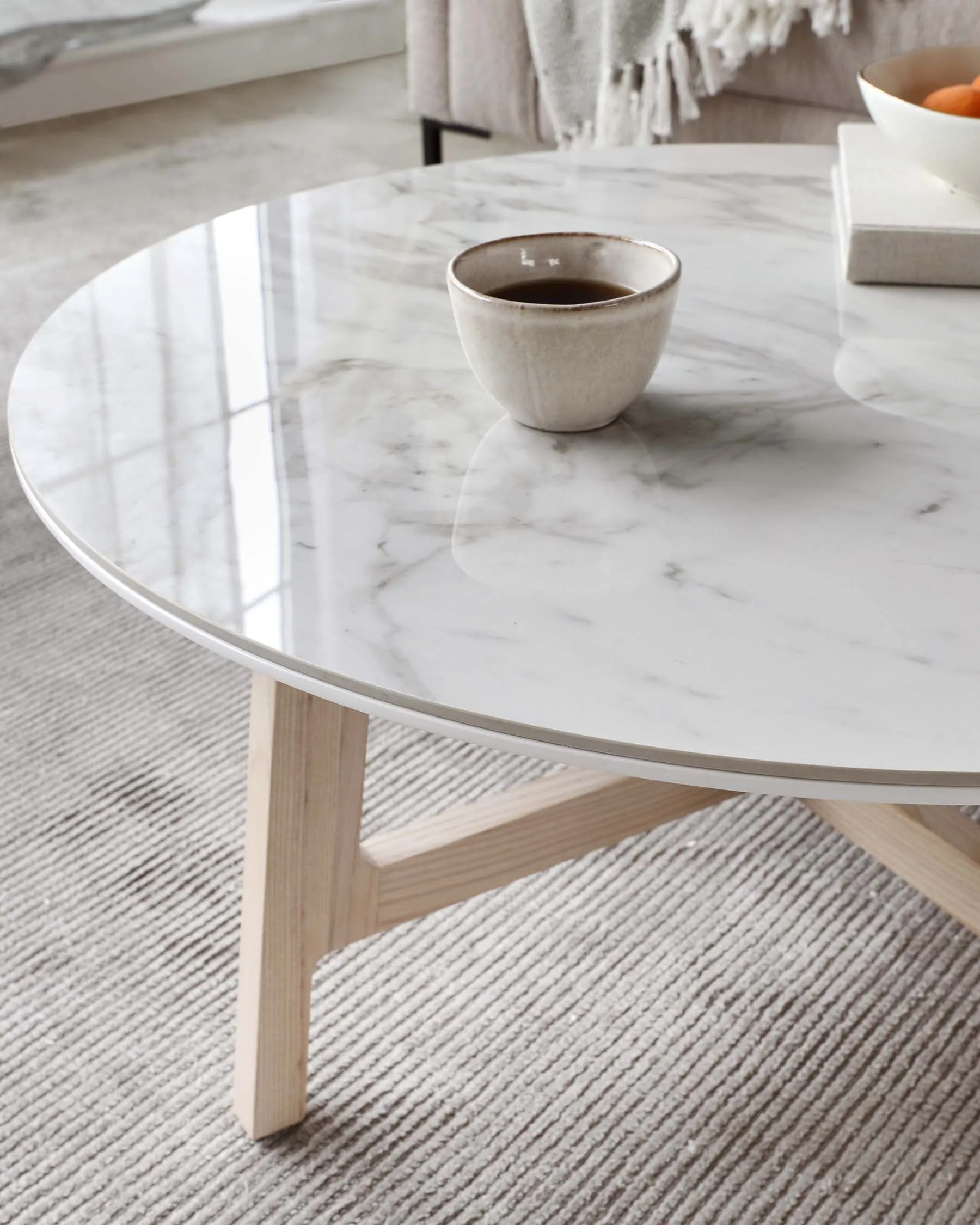 Davies Round Marbled Ceramic and Light Oak Coffee Table