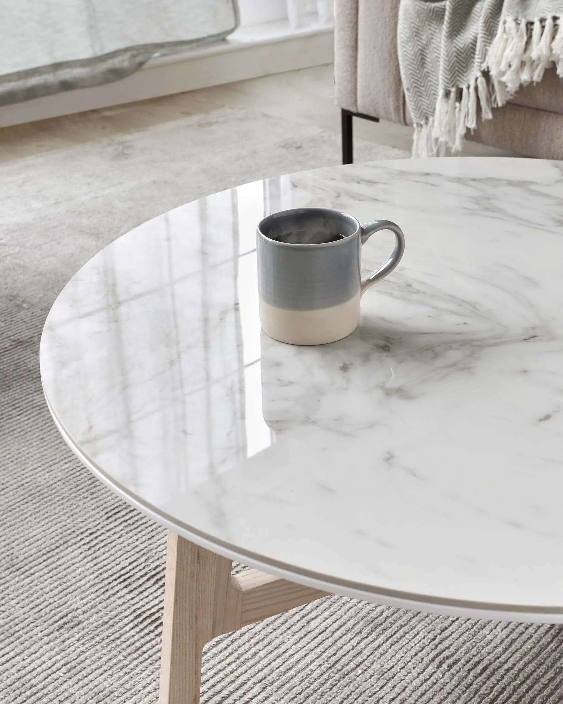 Davies Round Marbled Ceramic and Light Oak Coffee Table