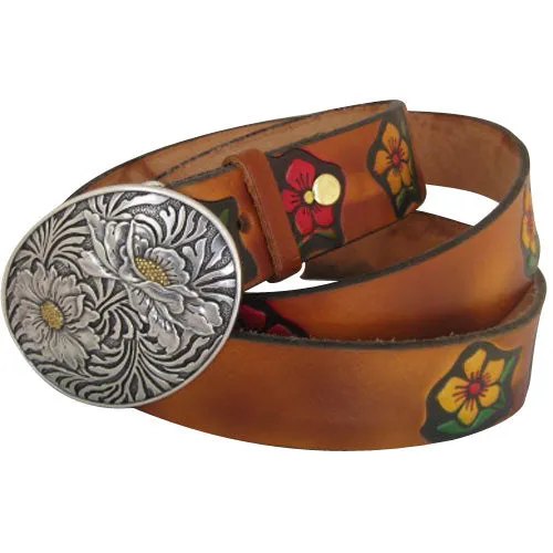 Embossed Petunias Brown (multi-color)- Genuine Tooled Leather Interchangeable Belt Strap. STRAP ONLY!