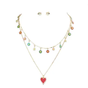 Enamel Flower Station Rhinestone Trim Heart Pendant Necklace by Madeline Love