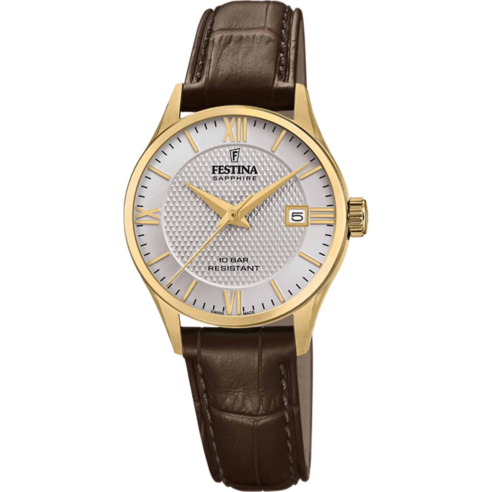 Festina Swiss Quartz Date 100M WR Stainless Steel/Yellow Gold Plate Case Brown Leather Strap