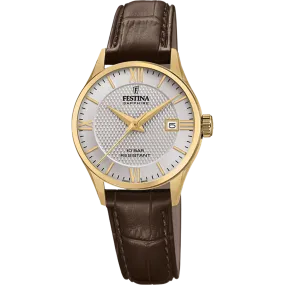 Festina Swiss Quartz Date 100M WR Stainless Steel/Yellow Gold Plate Case Brown Leather Strap