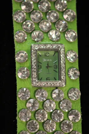 Green/Green Silver Studs Clear Rhinestones | Leather Band with Button Clasp