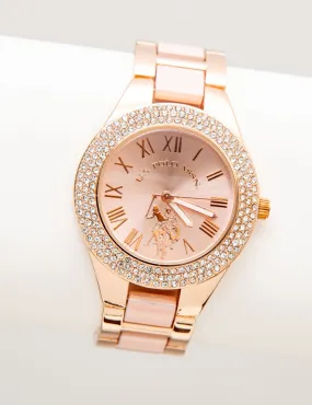 LADIES ROSE GOLD AND BLUSH ENAMEL LINK WATCH