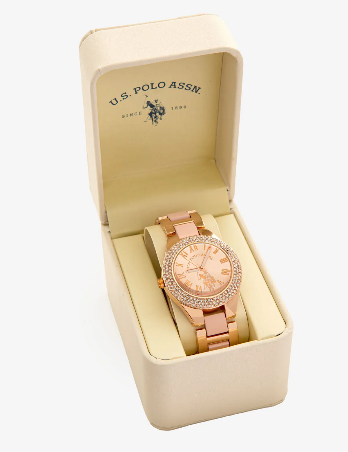 LADIES ROSE GOLD AND BLUSH ENAMEL LINK WATCH