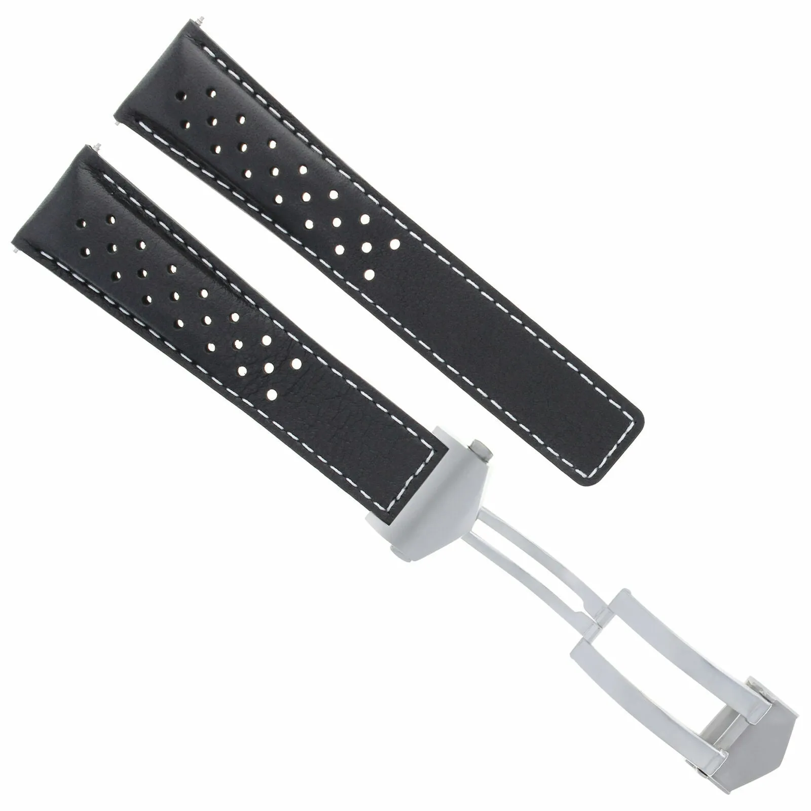 LEATHER WATCH BAND STRAP CLASP 19MM FOR TAG HEUER CARRERA TWIN BLACK WS PERFORAT