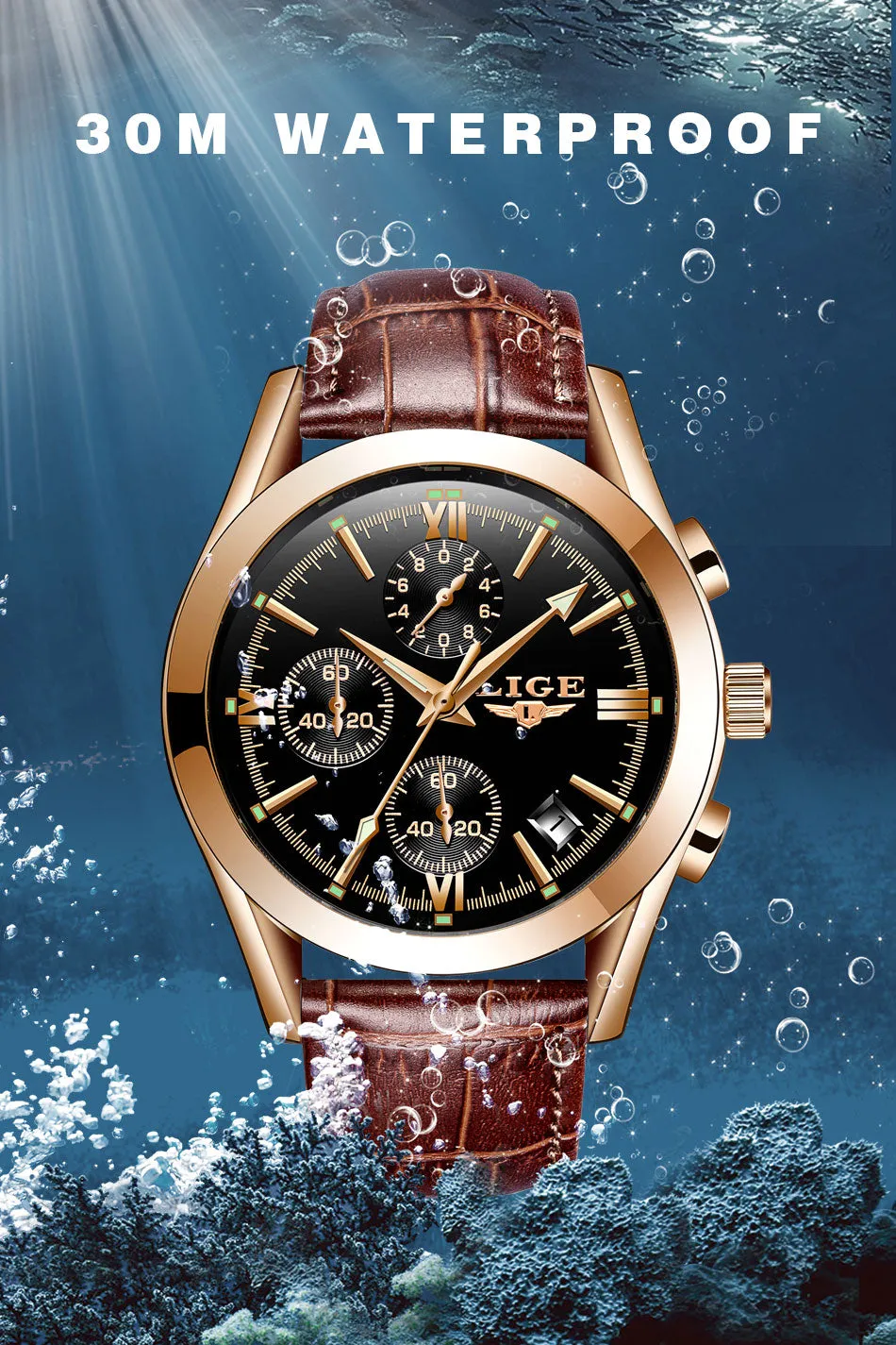Luxury Military Quartz Watch Premium Leather Waterproof Sport Chronograph Watch