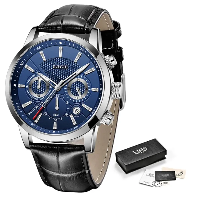 Mens 2021 LIGE Leather Strap Quartz Waterproof Wristwatch