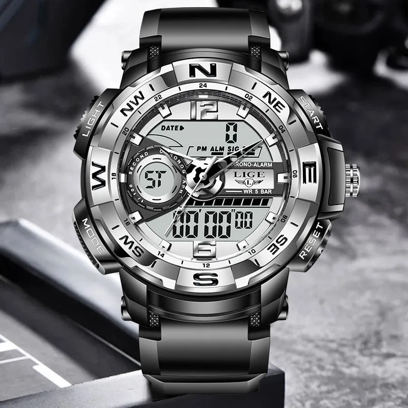 Mens LED Dual Display Watch Fashion Army Outdoor Waterproof Watch