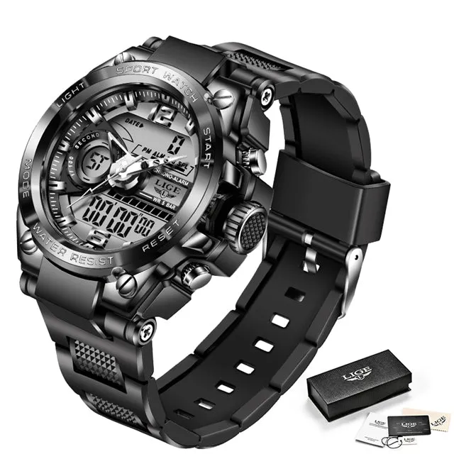 Mens LED Dual Display Watch Fashion Army Outdoor Waterproof Watch