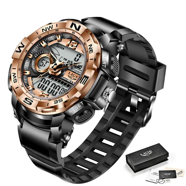 Mens LED Dual Display Watch Fashion Army Outdoor Waterproof Watch