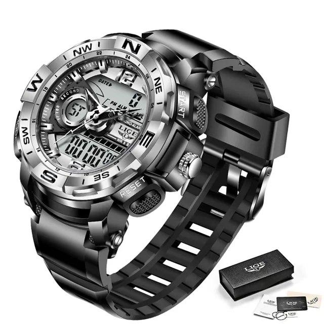 Mens LED Dual Display Watch Fashion Army Outdoor Waterproof Watch