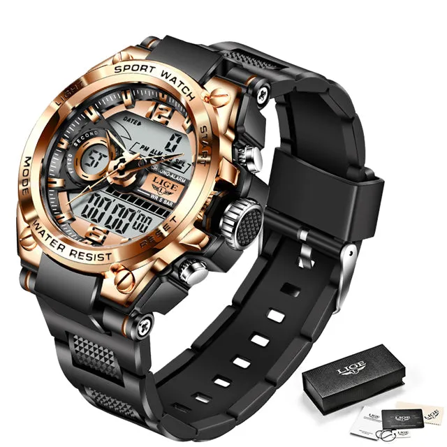 Mens LED Dual Display Watch Fashion Army Outdoor Waterproof Watch