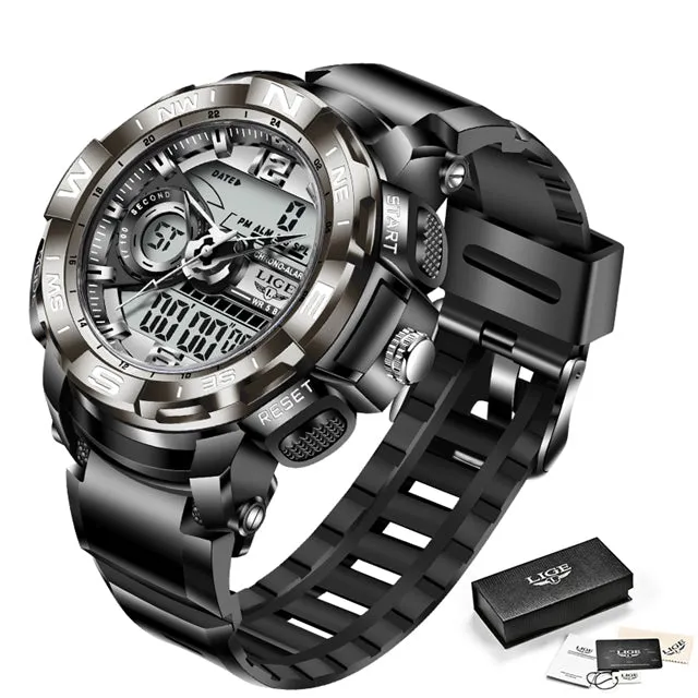 Mens LED Dual Display Watch Fashion Army Outdoor Waterproof Watch