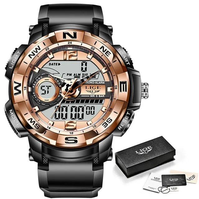 Mens LED Dual Display Watch Fashion Army Outdoor Waterproof Watch
