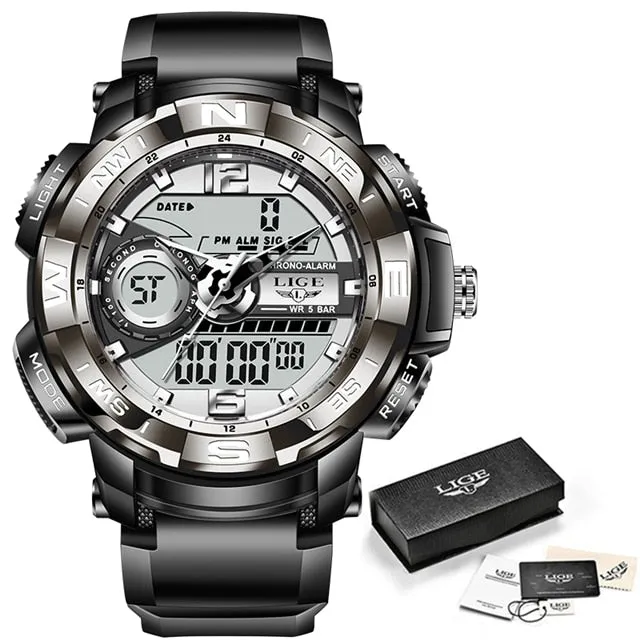 Mens LED Dual Display Watch Fashion Army Outdoor Waterproof Watch