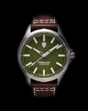 ProTek Field Series 3000 Tactical Watch | Green Dial, Dark Brown Leather Band