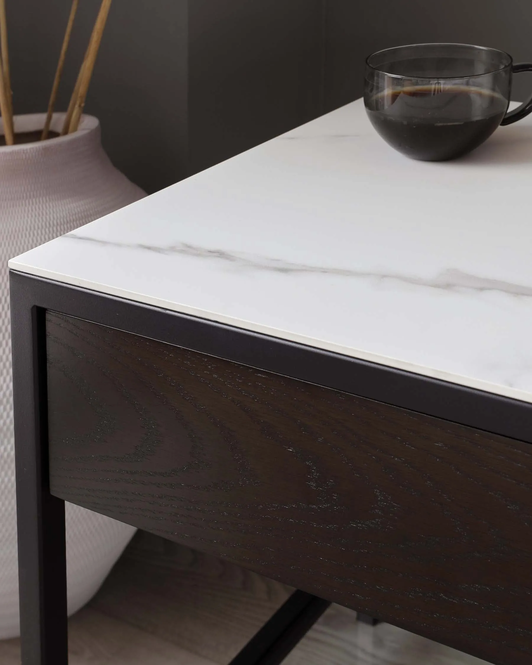 Quentin Dark Oak and White Marbled Ceramic Bedside Table
