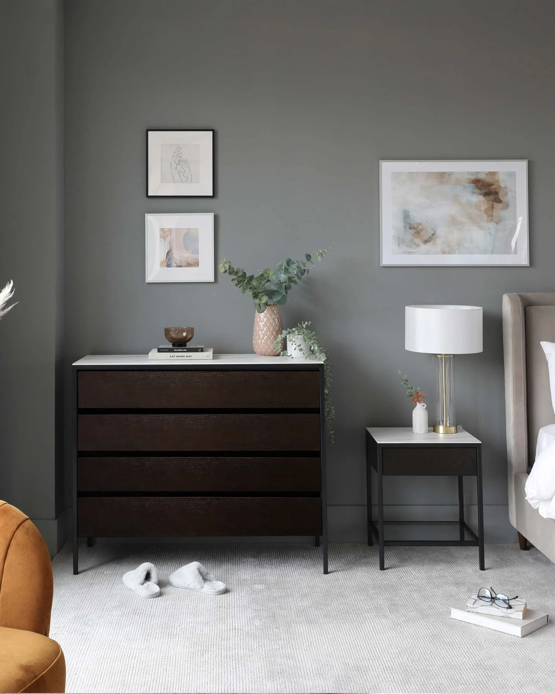 Quentin Dark Oak and White Marbled Ceramic Bedside Table
