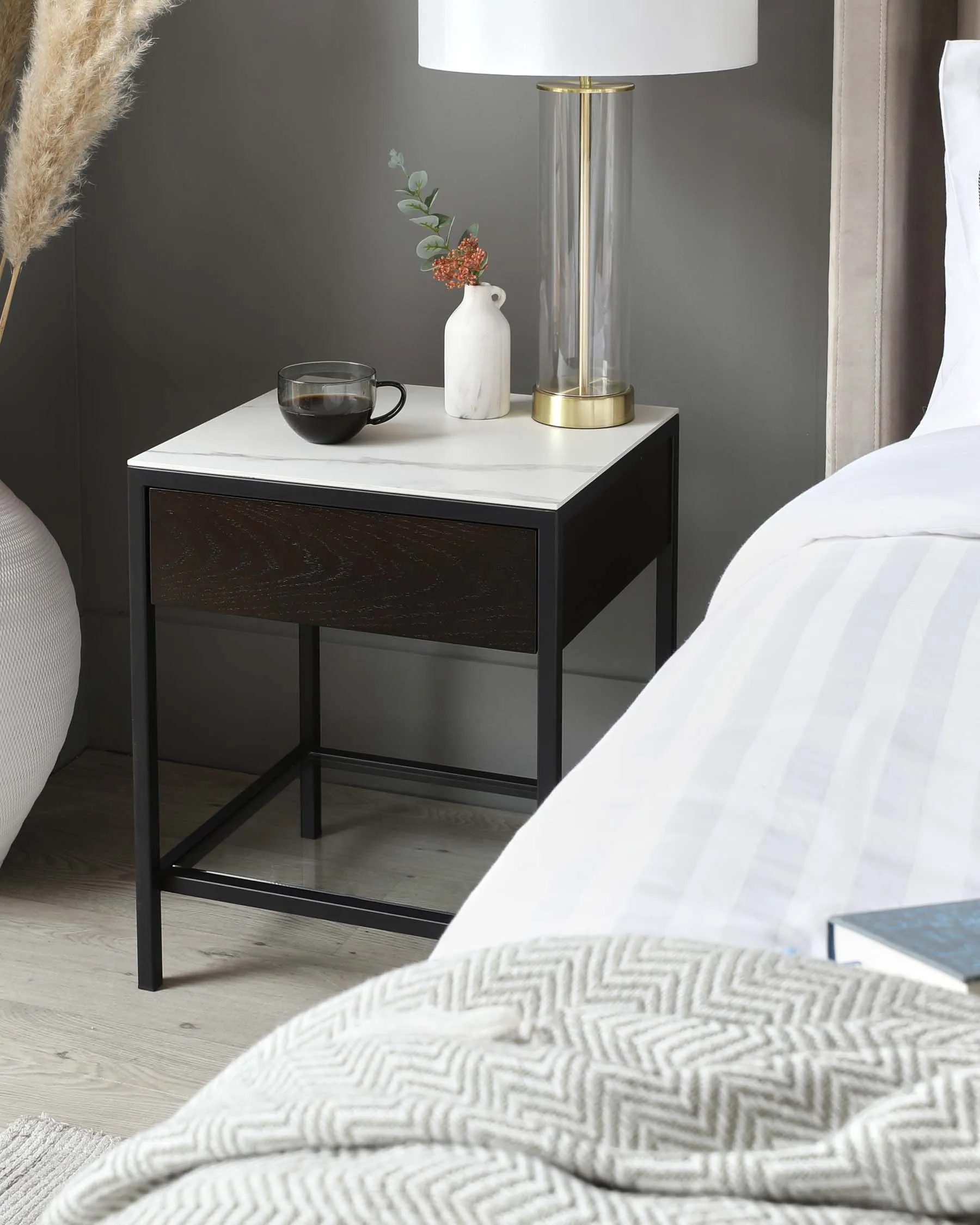 Quentin Dark Oak and White Marbled Ceramic Bedside Table