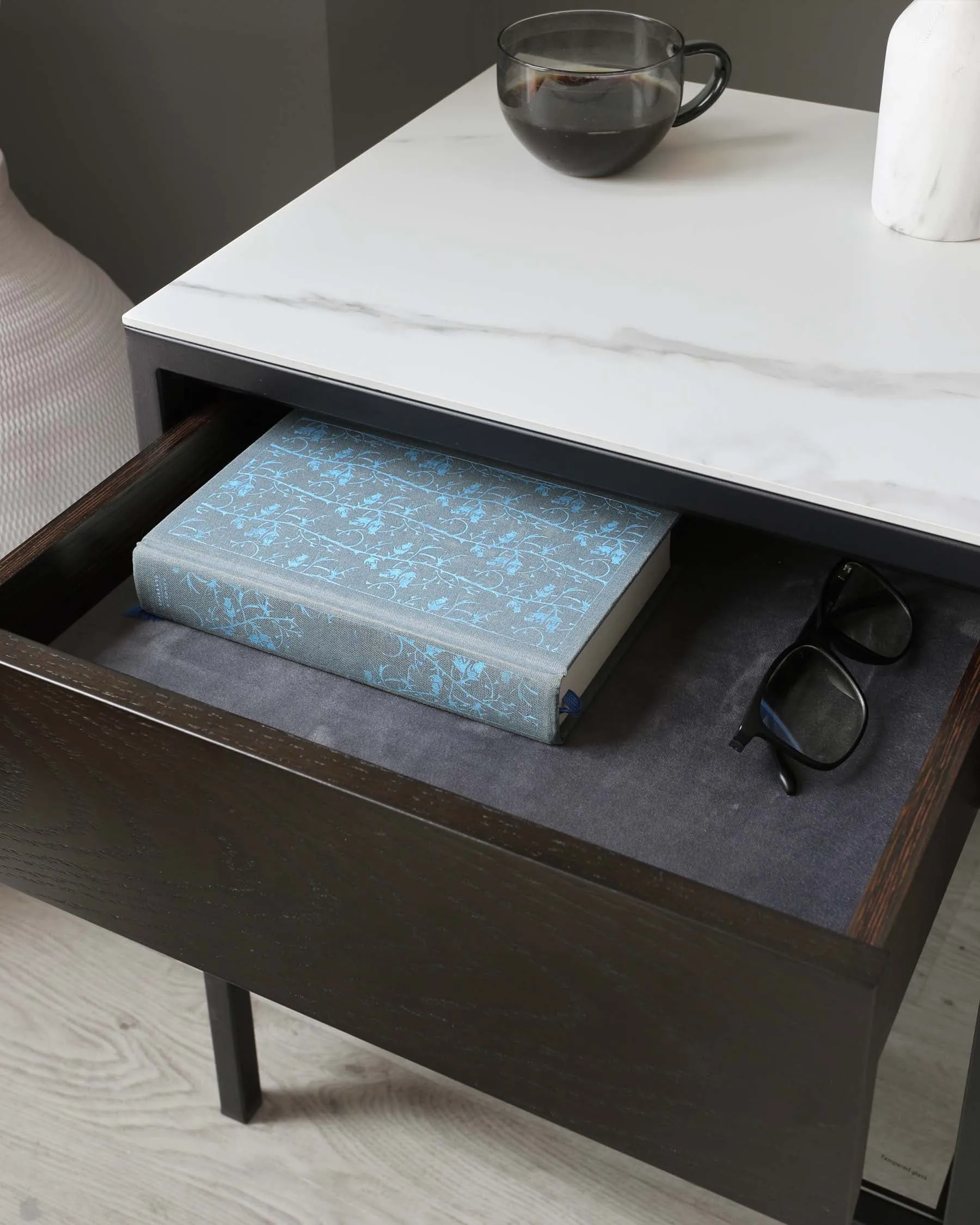 Quentin Dark Oak and White Marbled Ceramic Bedside Table