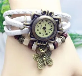Retro Wrap Multi Row Leather Bracelet Watch - White