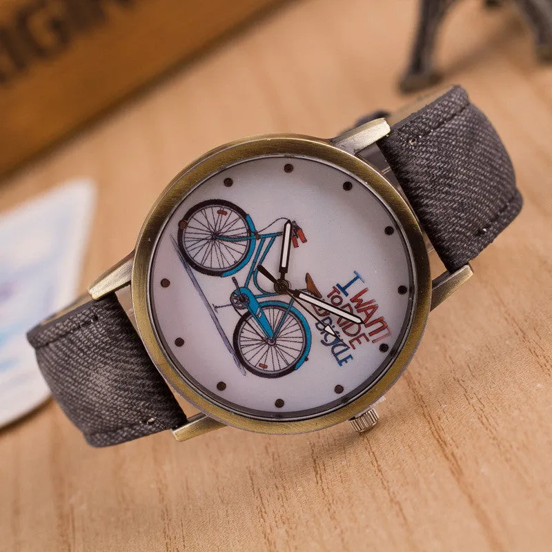 Ride Bike Pattern Denim Strap Watch