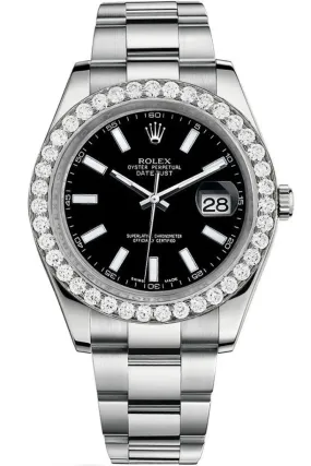 Rolex Custom Diamond Bezel Datejust 41mm Black Dial Steel Oyster Men's Watch 116300 Pre-owned