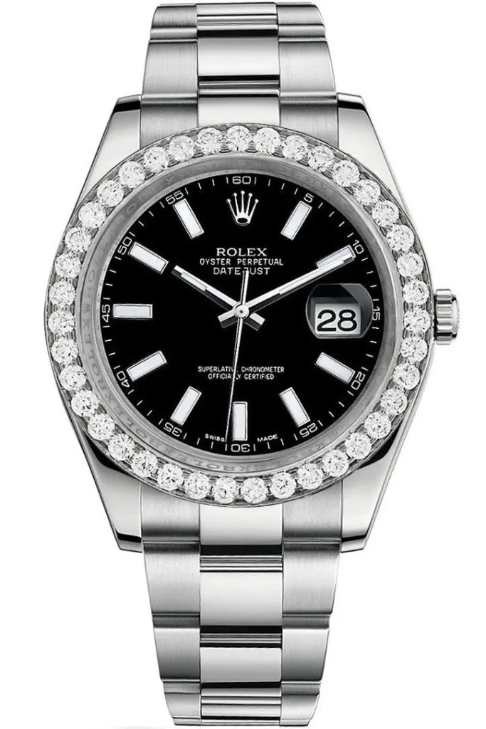 Rolex Custom Diamond Bezel Datejust 41mm Black Dial Steel Oyster Men's Watch 116300 Pre-owned