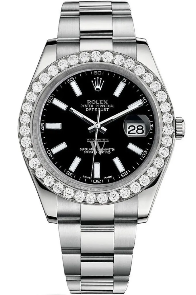 Rolex Custom Diamond Bezel Datejust 41mm Black Dial Steel Oyster Men's Watch 116300 Pre-owned