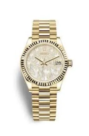 Rolex Datejust 31 Mother of Pearl Butterfly Diamond Pave Ladies 18kt Yellow Gold President Watch 278278PAVEP