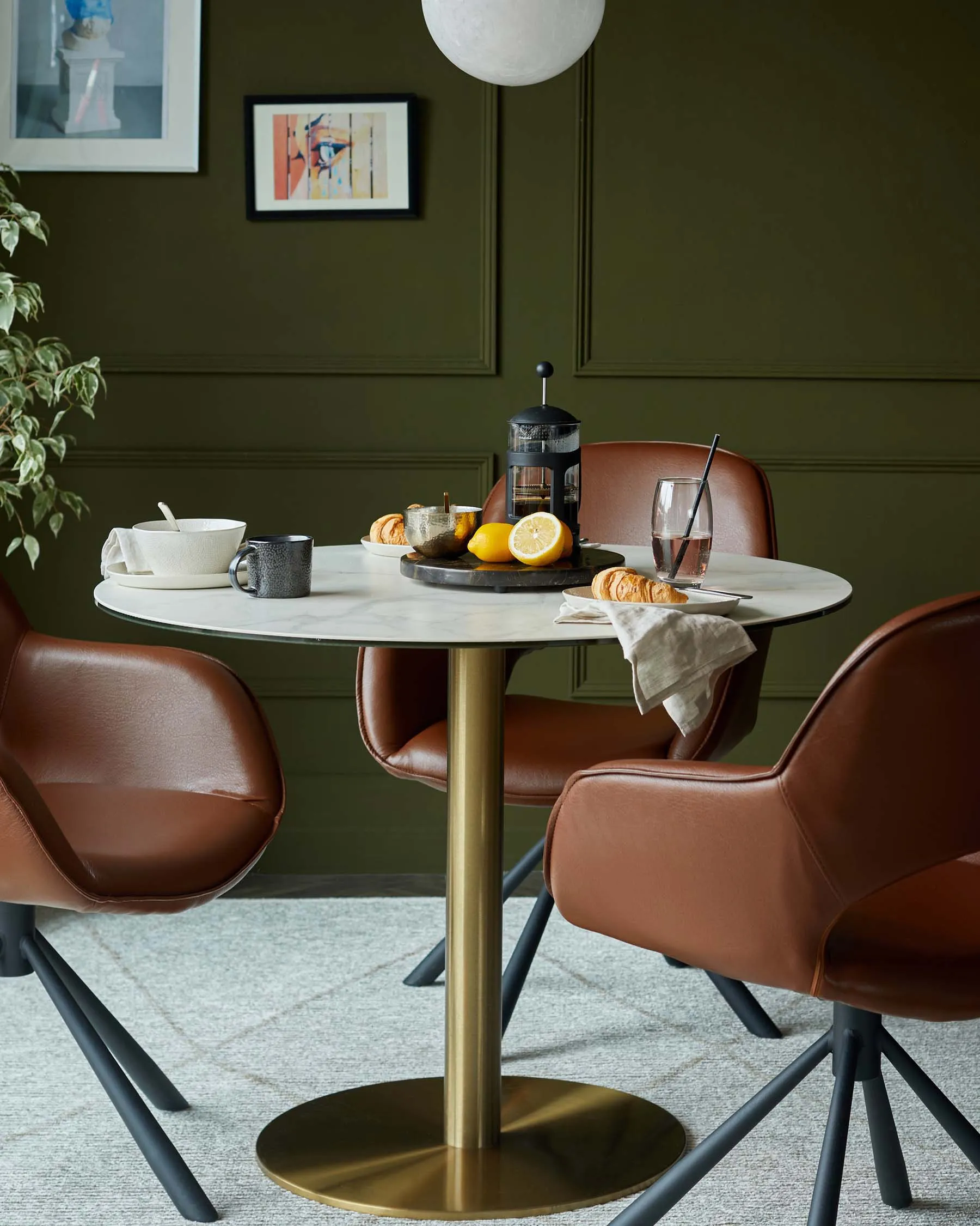 Romeo White Marbled Ceramic and Brass Pedestal 4 Seater Table