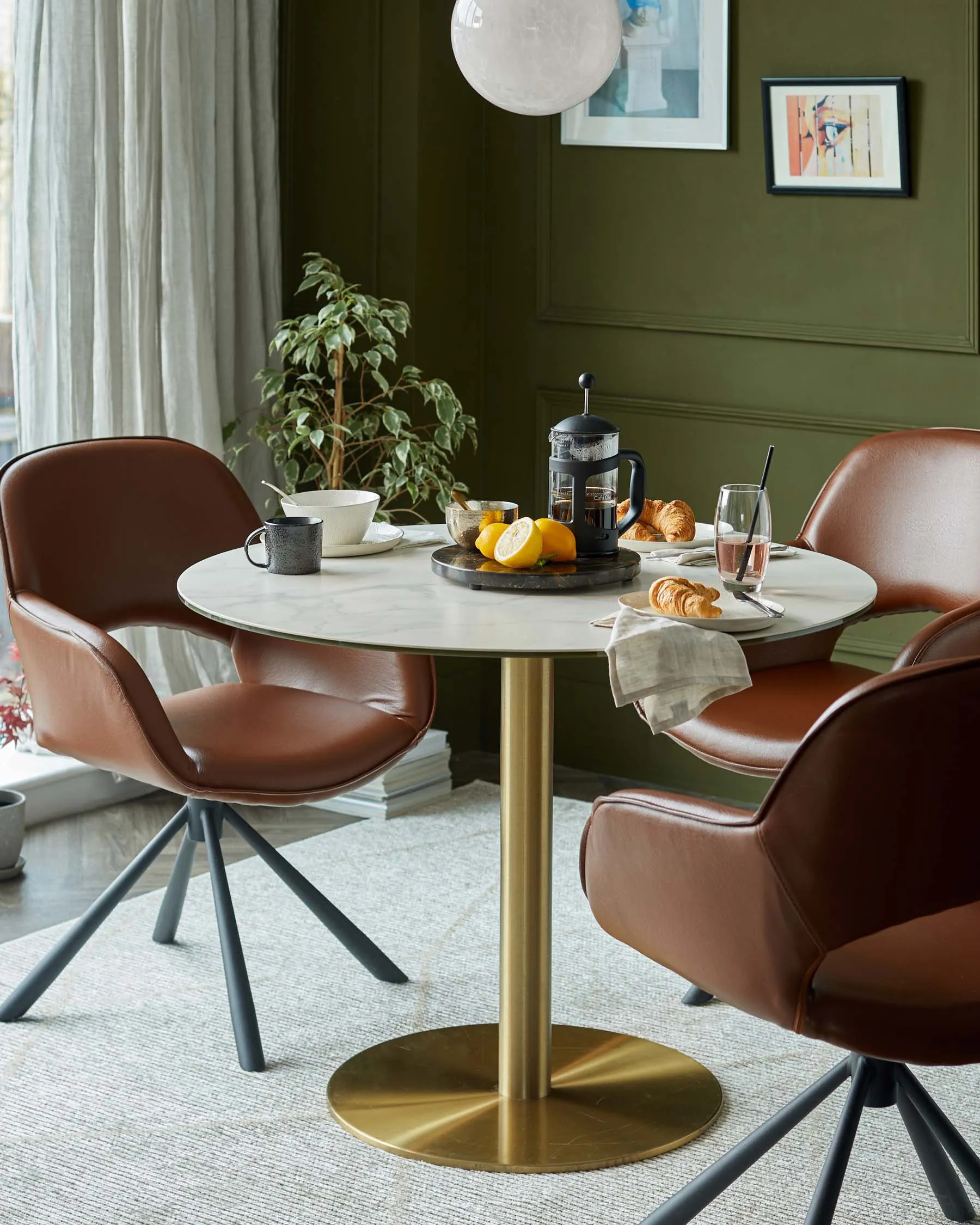 Romeo White Marbled Ceramic and Brass Pedestal 4 Seater Table
