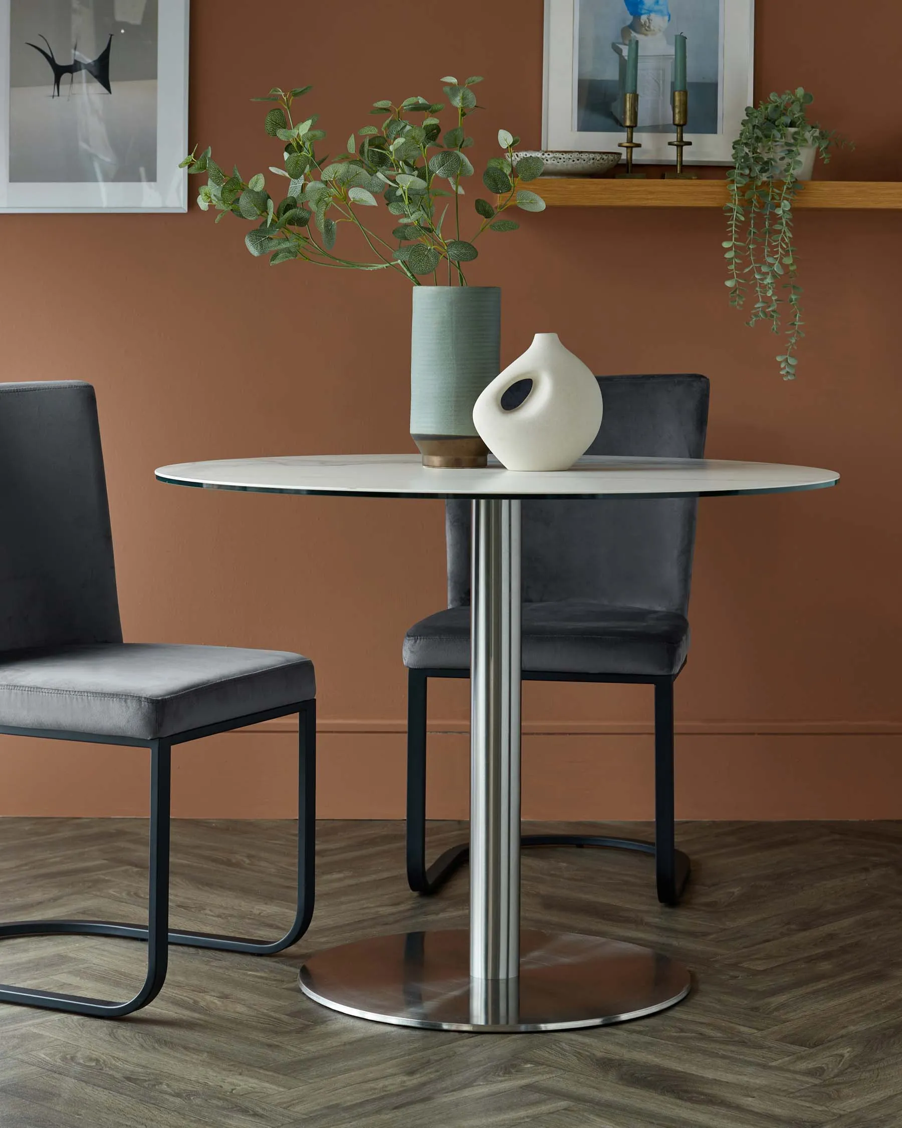 Romeo White Marbled Ceramic and Stainless Steel Pedestal 4 Seater Table