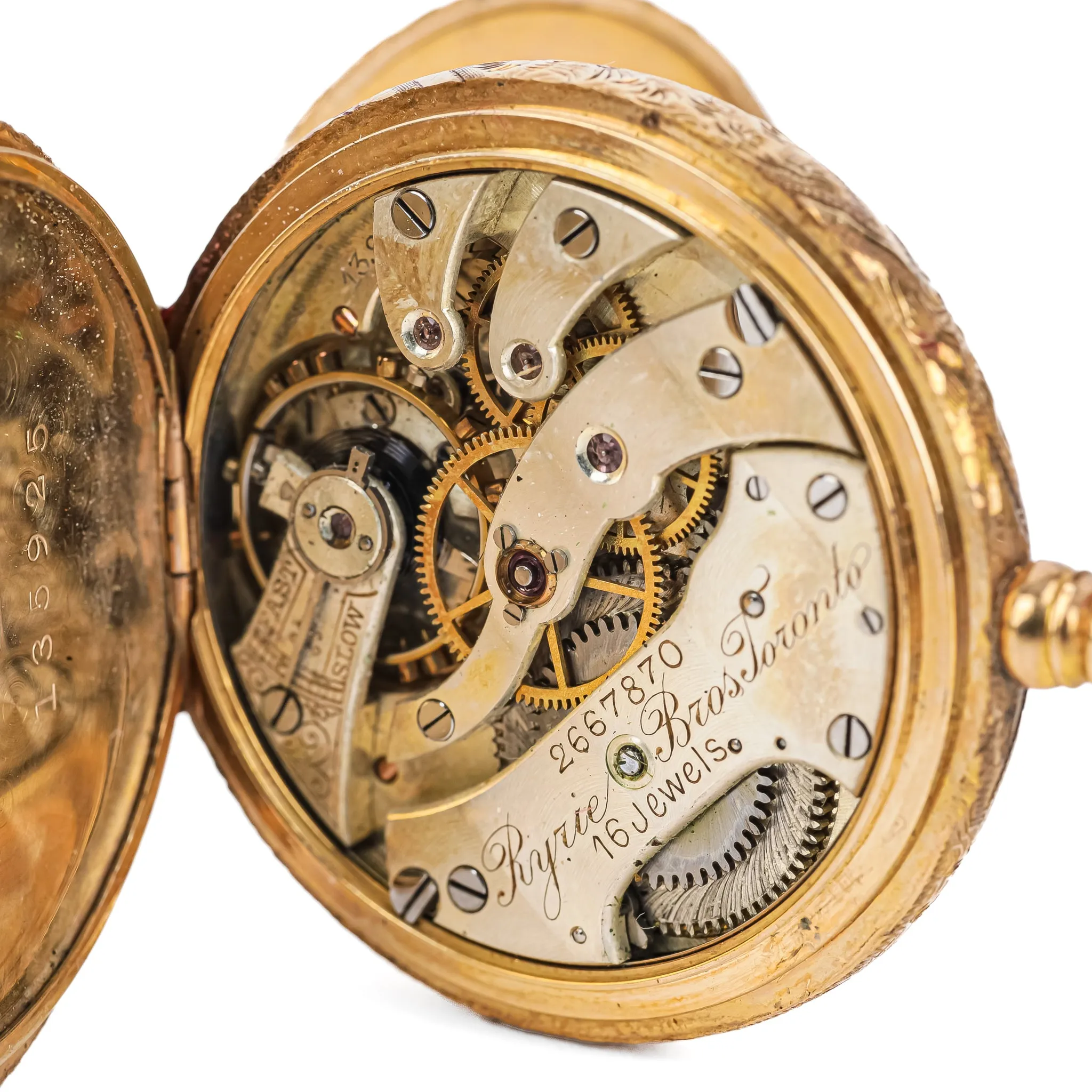 RYRIE BROS 14K Yellow Gold Art Nouveau Double Hunter Pocket Watch
