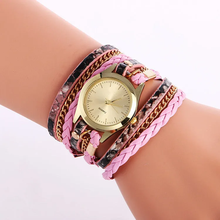 Snake Print Woven Wrap Bracelet Watch