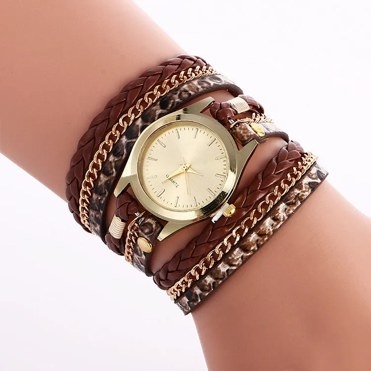 Snake Print Woven Wrap Bracelet Watch