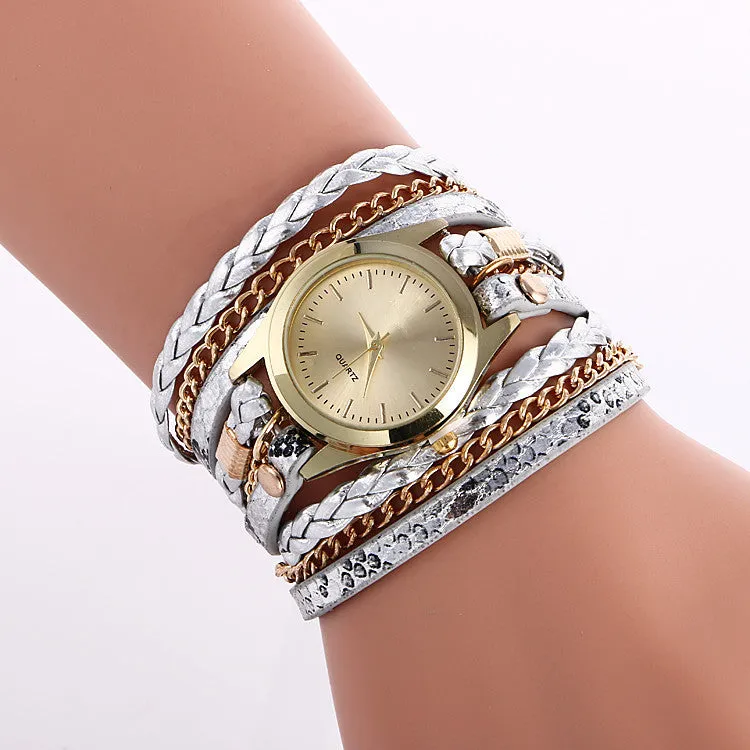 Snake Print Woven Wrap Bracelet Watch