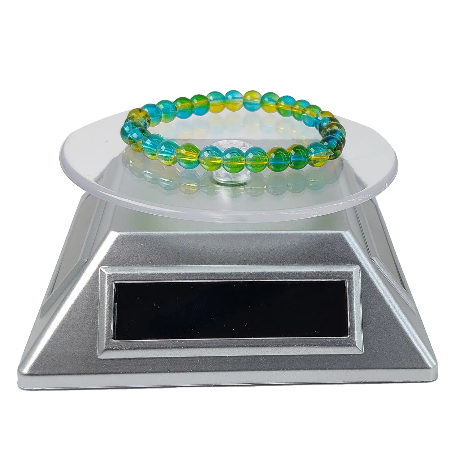 Solar & Battery Power 360 Degree Rotating Display Stands (1 PC) Silver Color 4x2 Inch Plate Dia 3.25 Inch For Watches Jewellery Bracelets Rings Phones