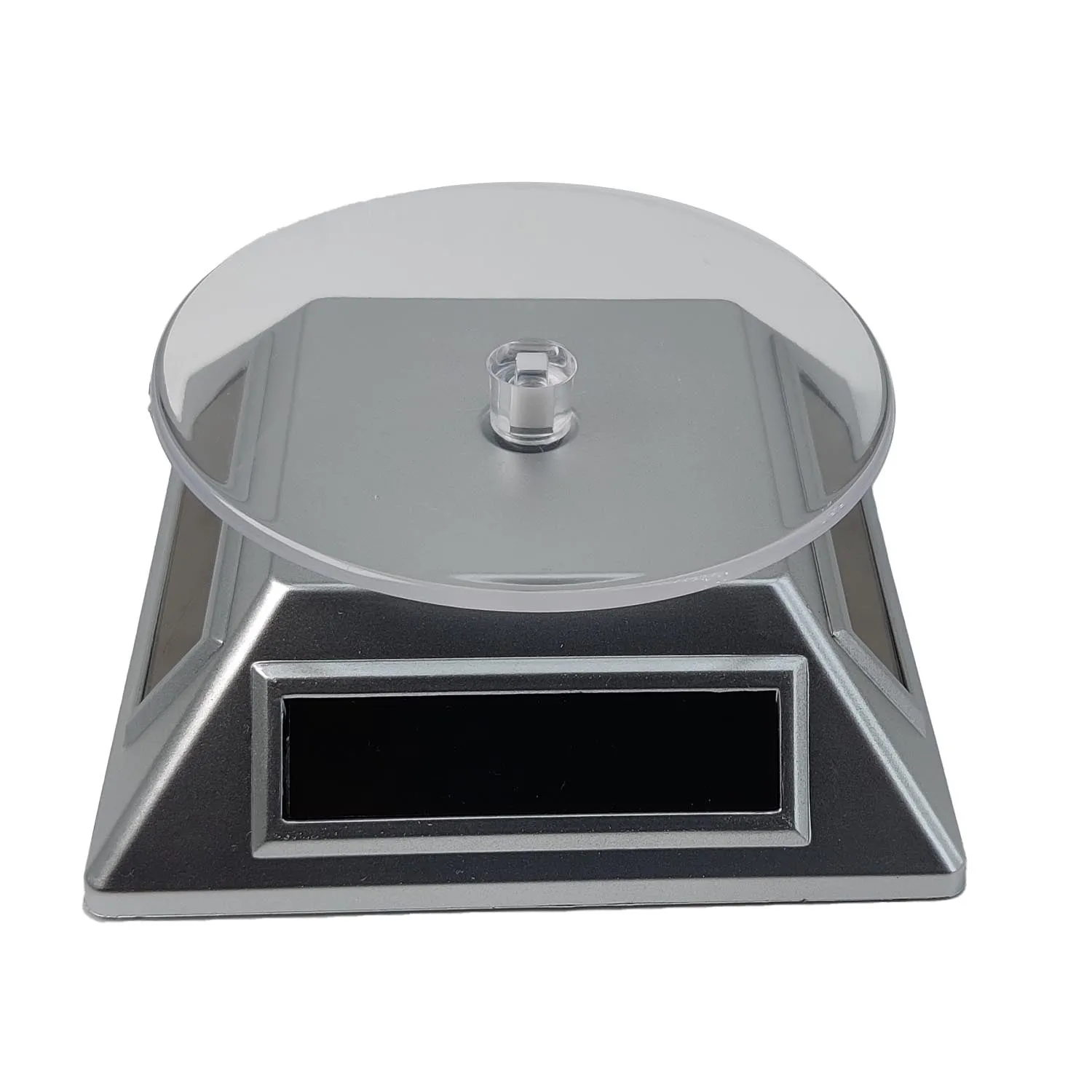 Solar & Battery Power 360 Degree Rotating Display Stands (1 PC) Silver Color 4x2 Inch Plate Dia 3.25 Inch For Watches Jewellery Bracelets Rings Phones