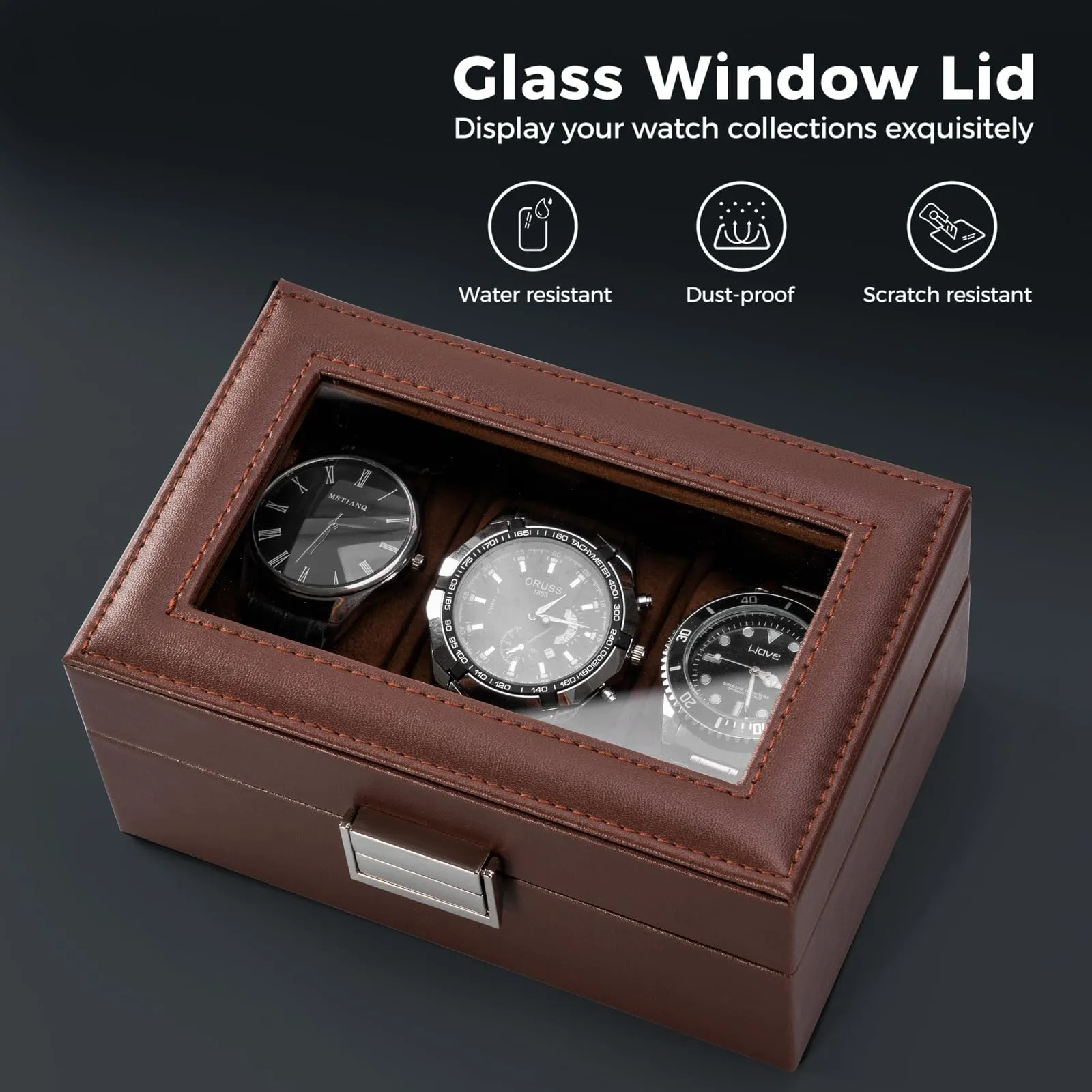 Watch box with 3 compartments, watch box with glass lid, watch case with watch cushion