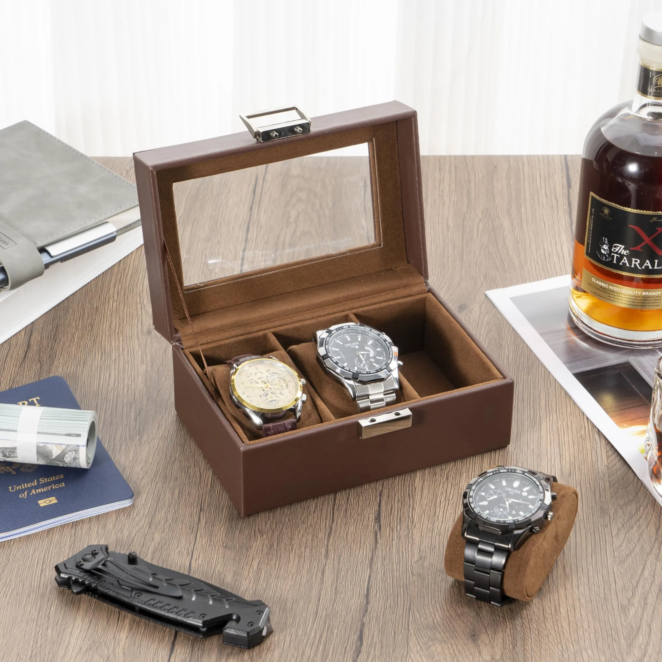 Watch box with 3 compartments, watch box with glass lid, watch case with watch cushion