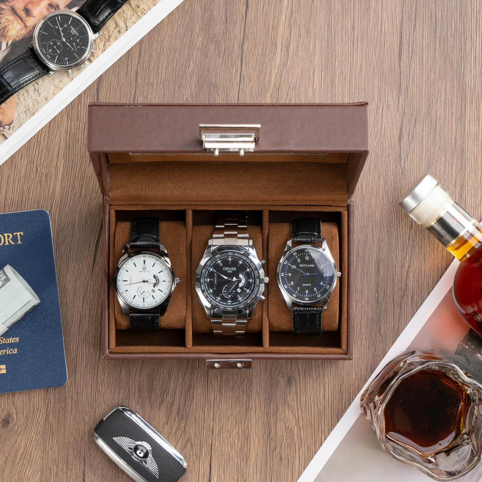 Watch box with 3 compartments, watch box with glass lid, watch case with watch cushion