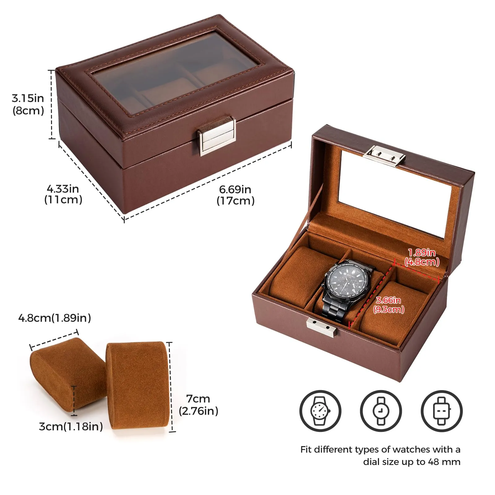 Watch box with 3 compartments, watch box with glass lid, watch case with watch cushion