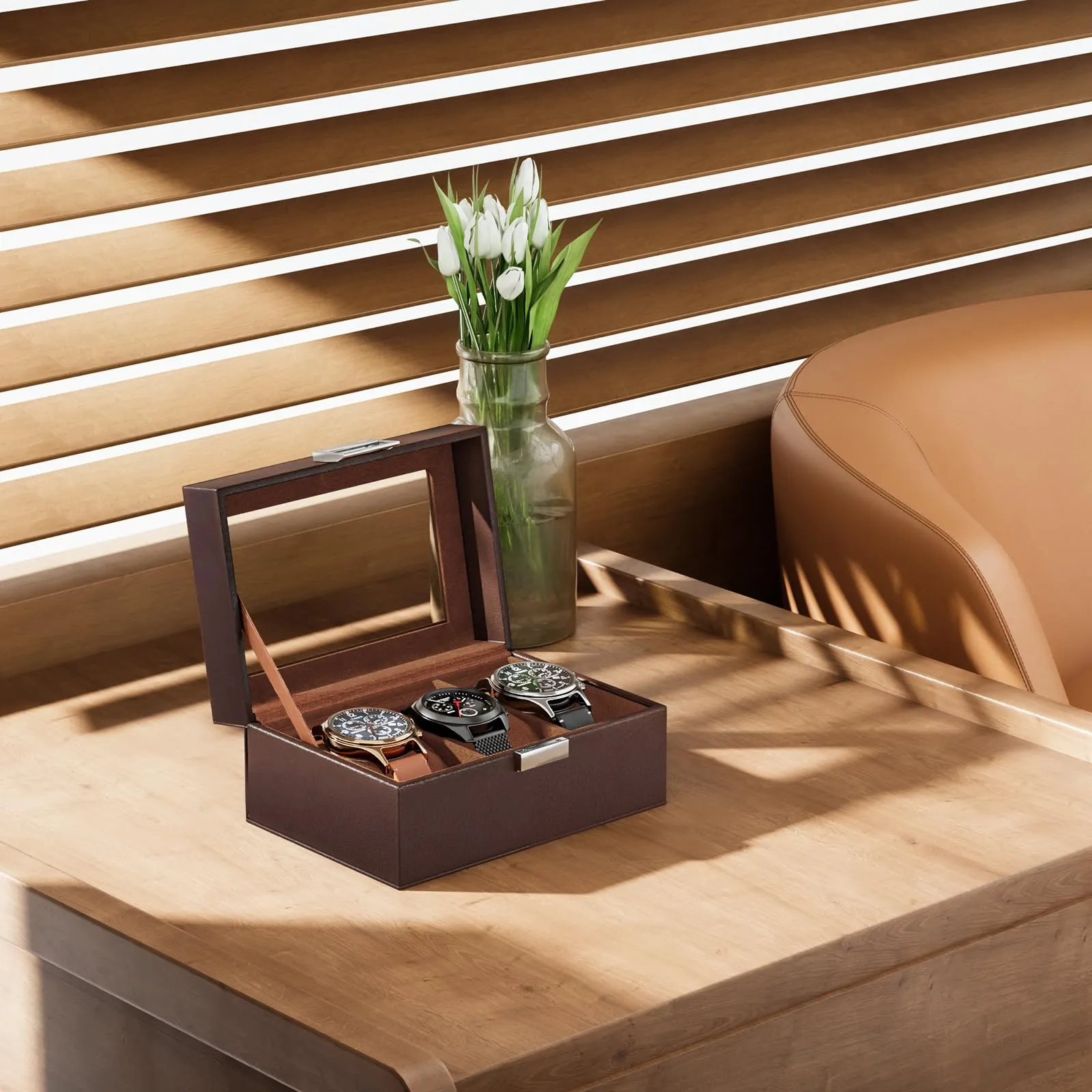 Watch box with 3 compartments, watch box with glass lid, watch case with watch cushion