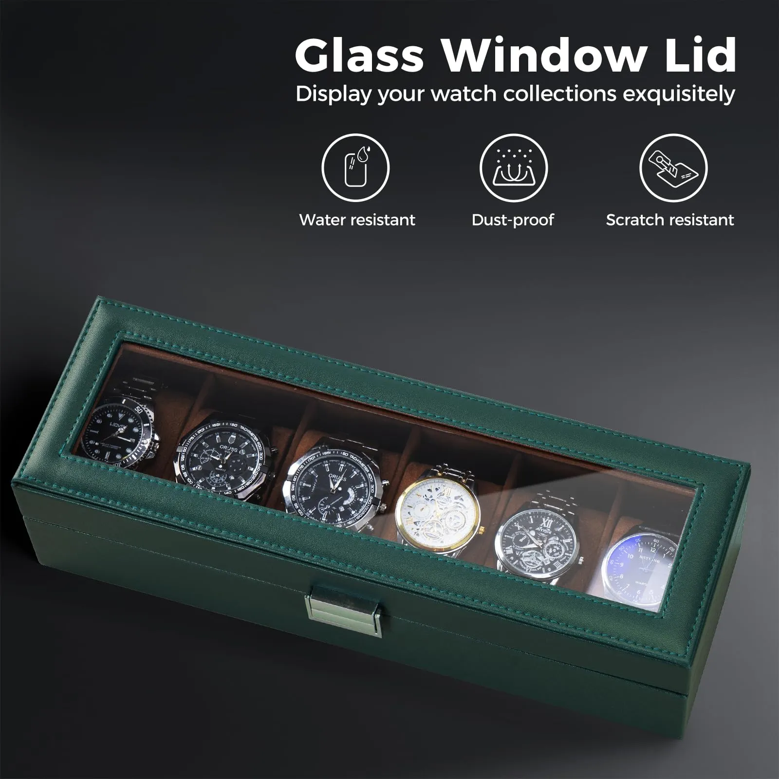 Watch box with 6 compartments, watch box with glass lid, watch case with watch cushion, watch storage